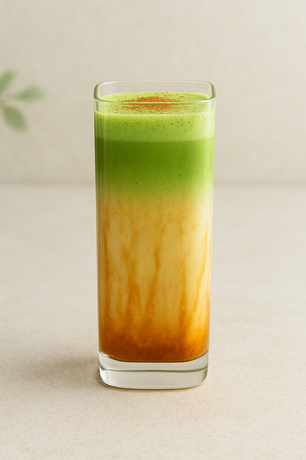 Salted Caramel Matcha Latte in a tall glass with golden caramel base, creamy milk, and frothy green matcha layer, matcha latte recipes.