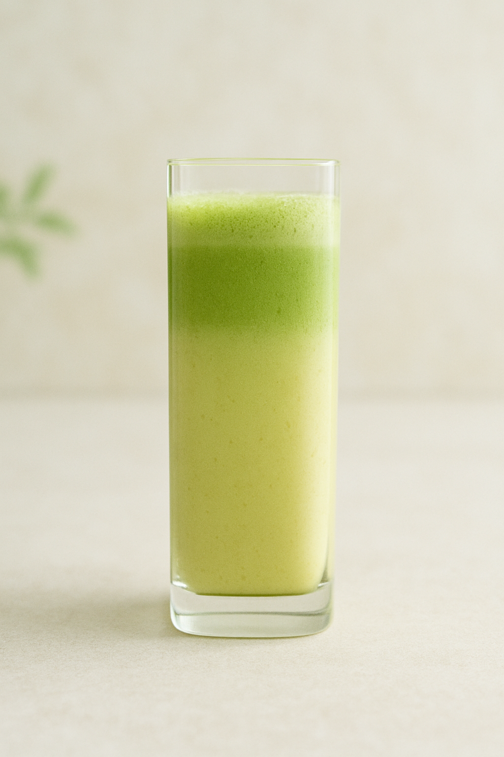 Banana matcha latte in a tall rectangular glass with creamy banana and green matcha layers