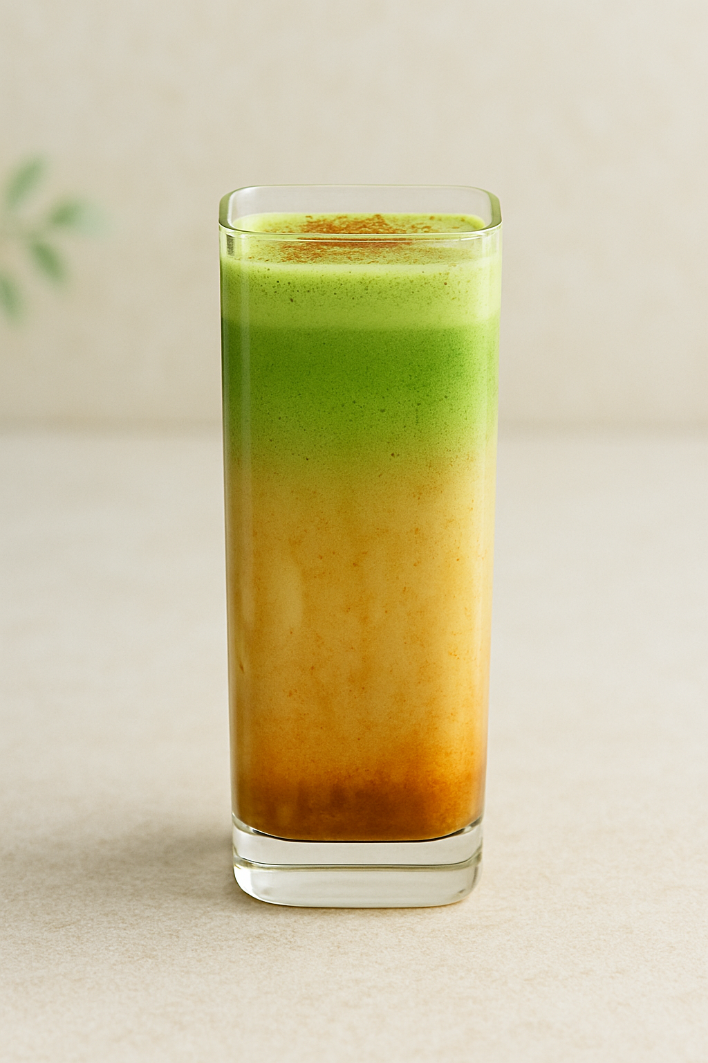 Cinnamon Matcha Latte in a tall rectangular glass with layered milk, matcha, and a sprinkle of cinnamon, matcha latte recipes.