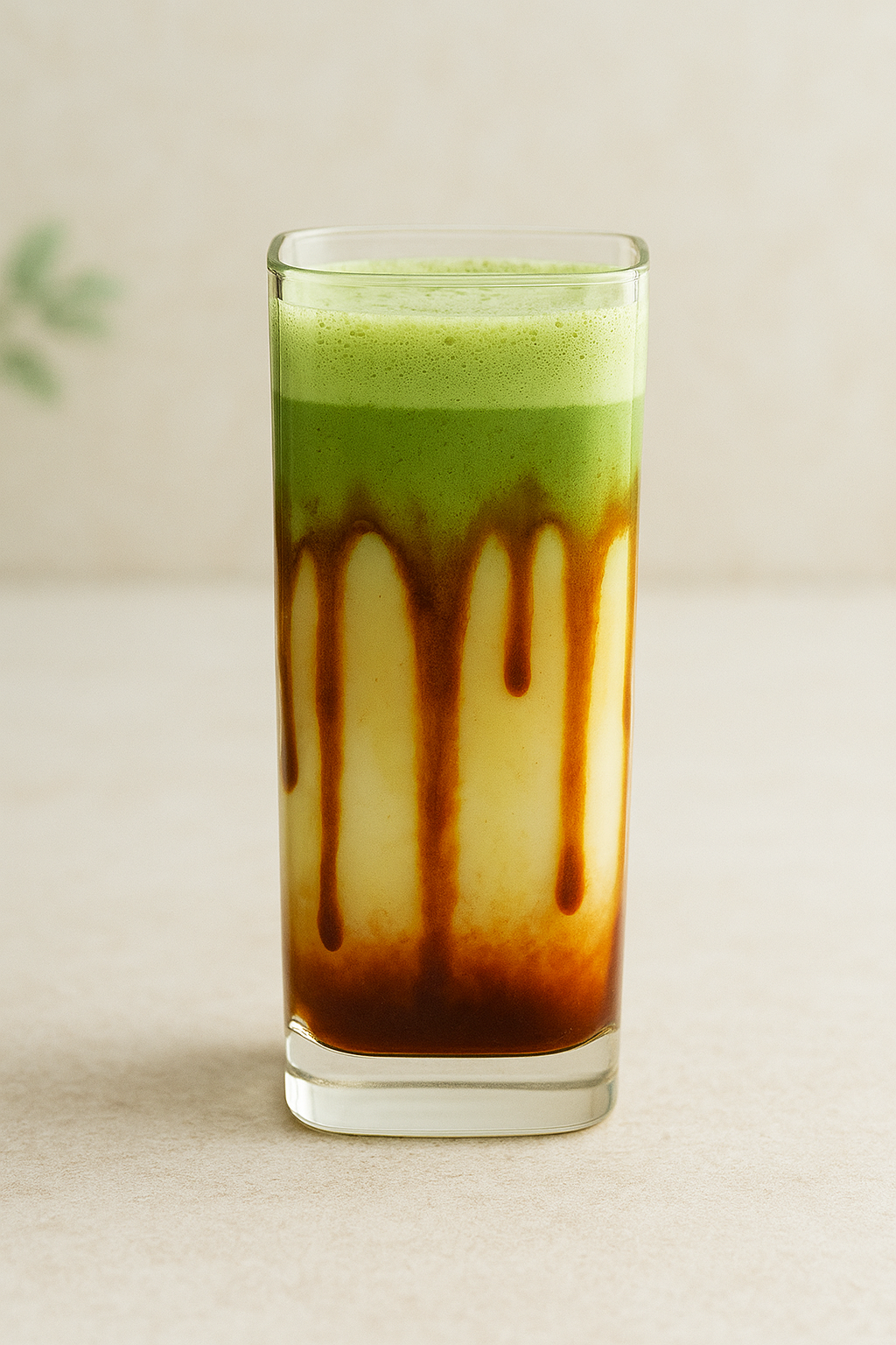 Brown Sugar Matcha Latte with caramel-like syrup dripping inside the glass, layered with milk and matcha, matcha latte recipes.