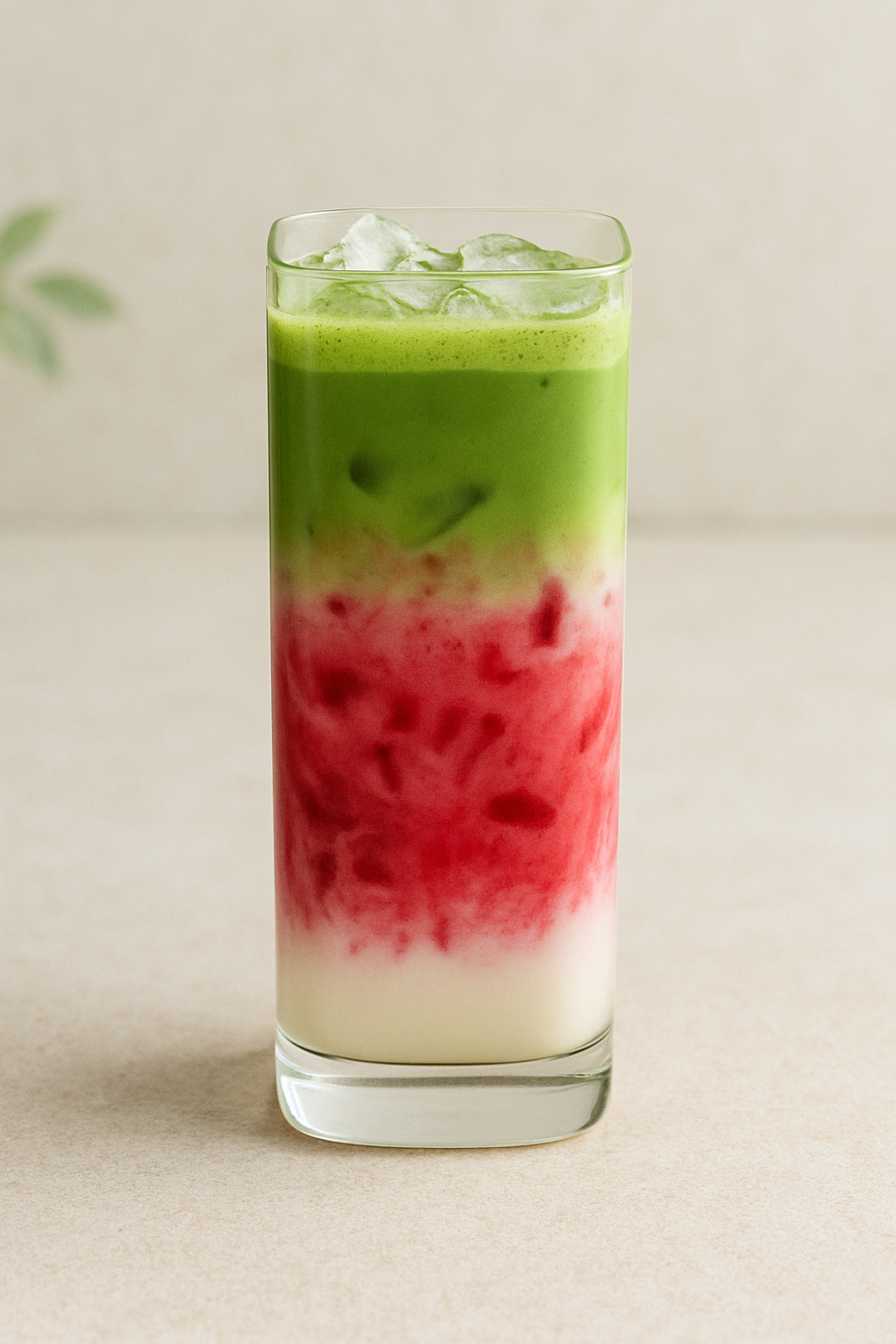 Iced White Chocolate Raspberry Matcha Latte with creamy white base, vibrant raspberry middle, and iced green matcha top, matcha latte recipes.