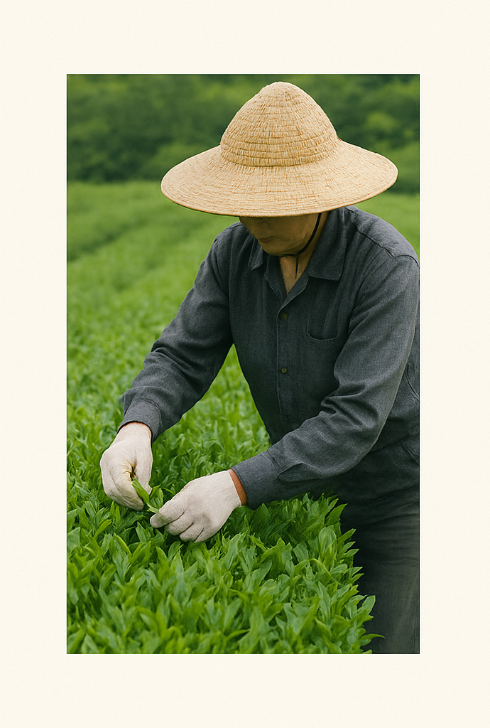 A tea farmer harvesting green tea leaves by hand on a lush organic plantation, representing Kinetic’s commitment to sustainable and ethical matcha sourcing through pesticide-free farms like Hattori Tea Farm.