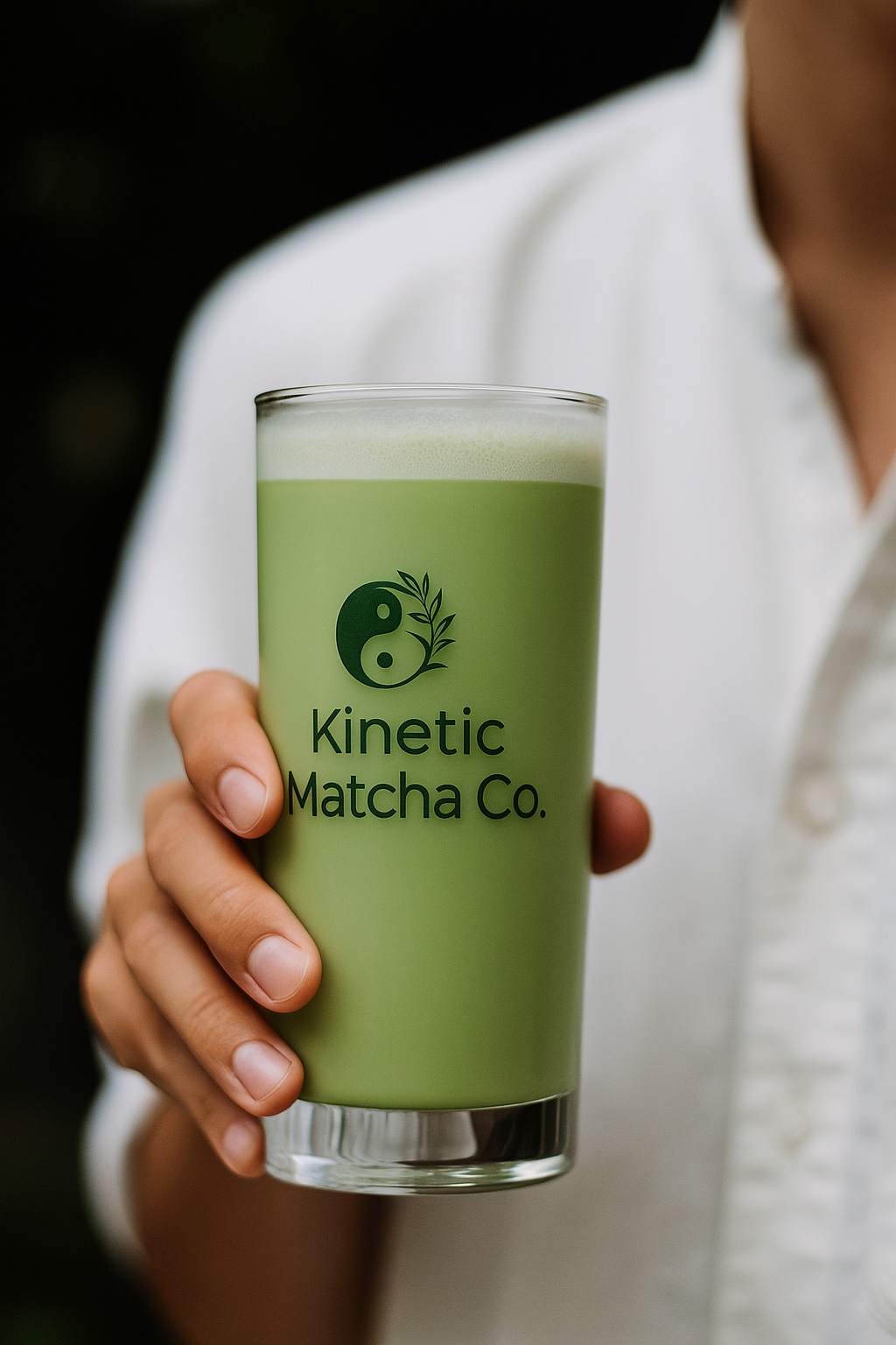A woman gracefully holding a glass of vibrant Kinetic matcha, showcasing the brand’s premium quality and refined presentation that embodies authenticity, wellness, and modern luxury.